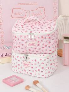 1Pc Ditsy Floral Quilted Makeup Bag With Built-In Mirror Portable Handle Large Capacity Travel Cosmetic Organizer Skincare Wash Bag For Women Daily T - Multicolor - View 7