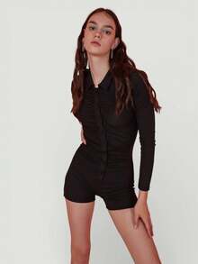 Women's Black Short Jumpsuit – Long-Sleeve Collared Romper With Ruched Front, Button-Down Detail - Black - View 3