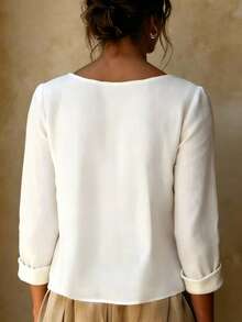 Women's Elegant Pleated Long Sleeve Blouse, Regular Fit Solid Color Top, Suitable For Spring And Autumn Wear, Vintage Style Regular Hem Top - White - View 5