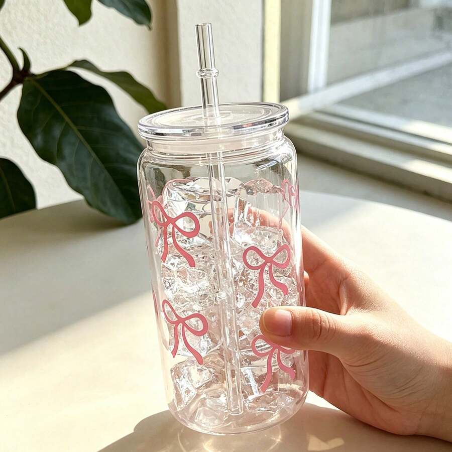 16盎司可重复使用复古塑料水瓶,蝴蝶结设计,非常适合盛装冰咖啡、夏季露营、庆祝活动和节日,是送给母亲、朋友和姐妹的理想礼物。 - 塑膠蓋蝴蝶結吸管杯 - 查看 1