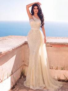 Faeriesty Haute Glamour Luxury One-Shoulder Sheer Layered Beaded Formal Evening Gown - Champagne - View 5