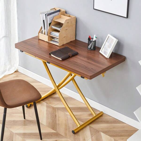 Modern Minimalist Multifunctional Lift Table With 0.8 Inch Thick MDF Desktop And Golden Metal Legs, Can Be Used As A Dressing Table, Coffee Table, Dining Table, And Office Table.Walnut Textured Desktop