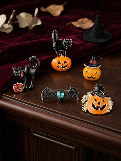 Broches de Gato com Strass de Halloween para Mulheres e Uso Unissex, Alfinetes e Emblemas de Abóbora Esmaltada Criativos para Feriados, Presentes de Halloween, Acessórios de Joias e Decorações