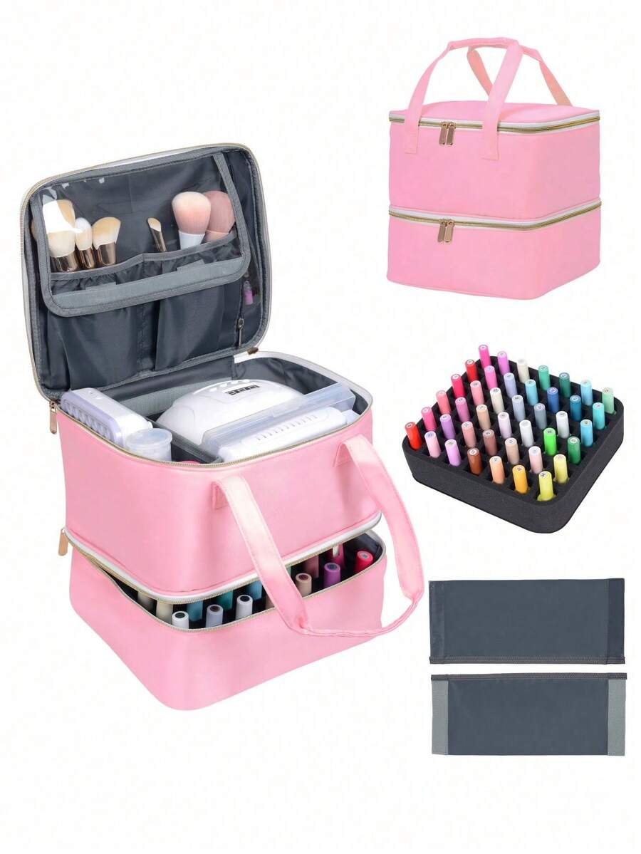 Organizador de Esmalte de Uñas de Mano de Doble Capa, Bolsa Organizadora de Cosméticos para Niñas y Mujeres, Arte de Uñas, Aceites Esenciales, Juego de Cosméticos, Uso Diario y de Viaje - 0142-Rosa - Ver 1