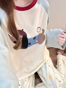 2pcs Women's Pajama Set, Pullover Round Neck Puppy Print Cute Childlike Long Sleeve Pants, Comfortable For Home Wear - Multicolor - View 8