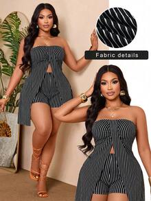 BIUBIU Women's Plus Size Strapless Striped 2 Pieces Short Set, Slit Design, Slim Fit Elegant - Black - View 8