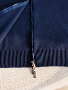 Tween Girl Casual Minimalist Solid Color Stand Collar Long Sleeve Double Zipper Knit Cardigan Sweater Jacket Suitable For Daily Casual Campus Outdoor Spring Autumn Winter - Navy Blue - View 8
