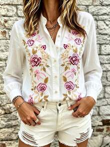 Women's White Floral Embroidered Stand Collar Long Sleeve Button Front Shirt Casual Business Office Home Vacation Spring Autumn Winter - White - View 14