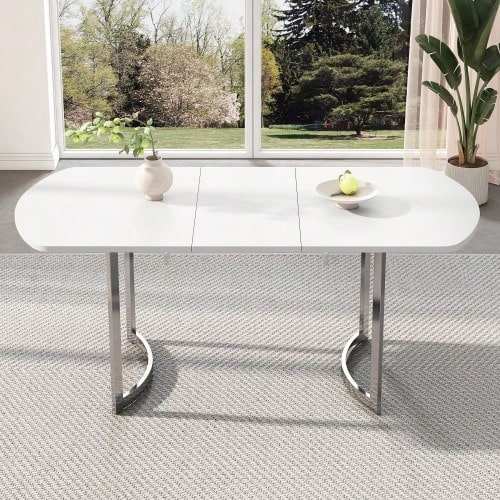 Extendable Dining Table 140/180 X 80 Cm, Extendable Length 180 Cm, Silver-Plated Metal Legs, Modern Style, High-Strength Alloy Support, Suitable For 4–6 People, White + Silver-Plated Table Legs - White - View 1