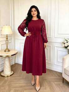 Gaun Tunik Burgundy Ukuran Plus Wanita dengan Lengan Panjang Bordir, Gaun Formal Musim Gugur Panjang Midi Model A-Line - Merah - View 2
