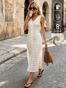 EARO Women's Sleeveless White Crochet Hollow Out Dress, V-Neck Design, Button Decor, Non-Stretch Fabric, Suitable For Summer Wear Elegant - Apricot - View 1