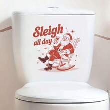 1pc Vintage Santa Claus Sitting In Rocking Chair Holding Wine Glass "Sleigh All Day" Toilet Tank Sticker, Removable PVC Funny Christmas Decor Sticker, Bathroom Personalized Holiday Atmosphere Sticker - Santa Claus - View 2