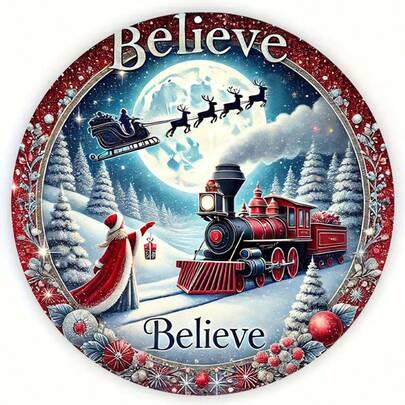 2D Flat Printed Metal Iron Sign, 1pc "Believe" Christmas Train Wreath Metal Sign, 8x8 Inches, Wall Hanging Decor, Multi-Purpose Vintage Artwork With English Text, Suitable For Home, Holiday, Door Hanging Decoration, 2D Flat