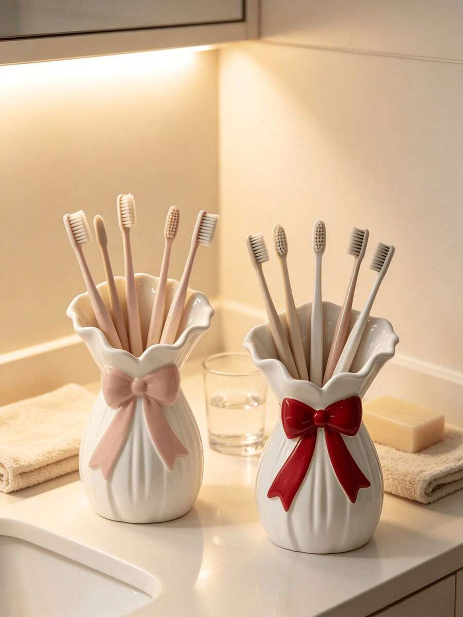 2pcs Bow Toothbrush Holder Set, White Vase, Pink Red Ribbon, Fan-Shaped Edge, Bathroom Storage Rack, Cute Sweet Style, Toothpaste Holder, Glossy Countertop Decor, With Glass Cup, Towel & Soap Holder, Warm Light Gift - Multicolor - View 1