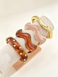 4/1pc Vintage Minimalist Women's Wavy Acrylic & Resin Open Ring Bangle Bracelet Set With Rivet Detail, Suitable For Daily Wear, Stackable, Perfect Gift For Holidays - Multicolor - View 3