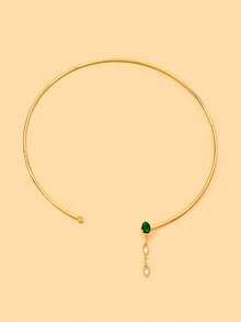 outingfit 1pc Women's Elegant Gold Open Collar Necklace, Embellished With Green Marquise Drop Teardrop Decor, Suitable For Wedding, Party, Date And Vacation Wear - Gold - View 2