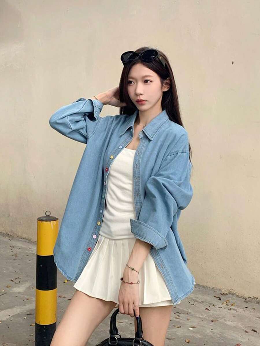 Korean Style Lazy Colorful Button Denim Shacket Women Early Autumn Niche Elegant Lapel Long Sleeve Top - Blue - View 1