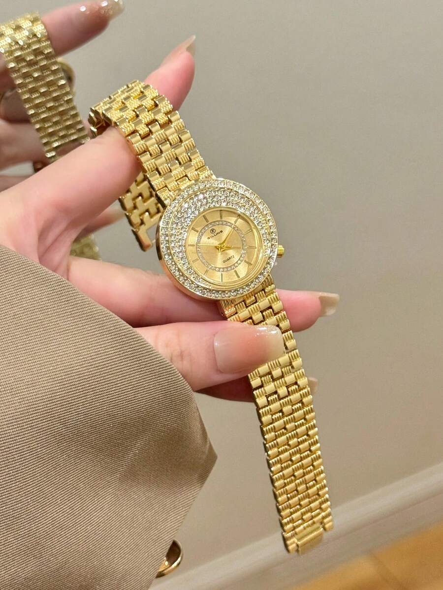 1件女款金色石英手錶,精緻復古奢華風,適合日常佩戴、送禮、休閒派對與宴會 - 金色 - 查看 1