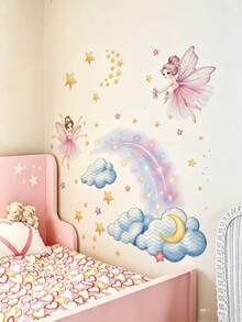 2 Styles Fairy Moon Rainbow Cloud Wall Decals, Removable Self‑Adhesive Wall Art, Home Decor, Girls Nursery Bedroom Baby Shower Decor - Multicolor - View 4