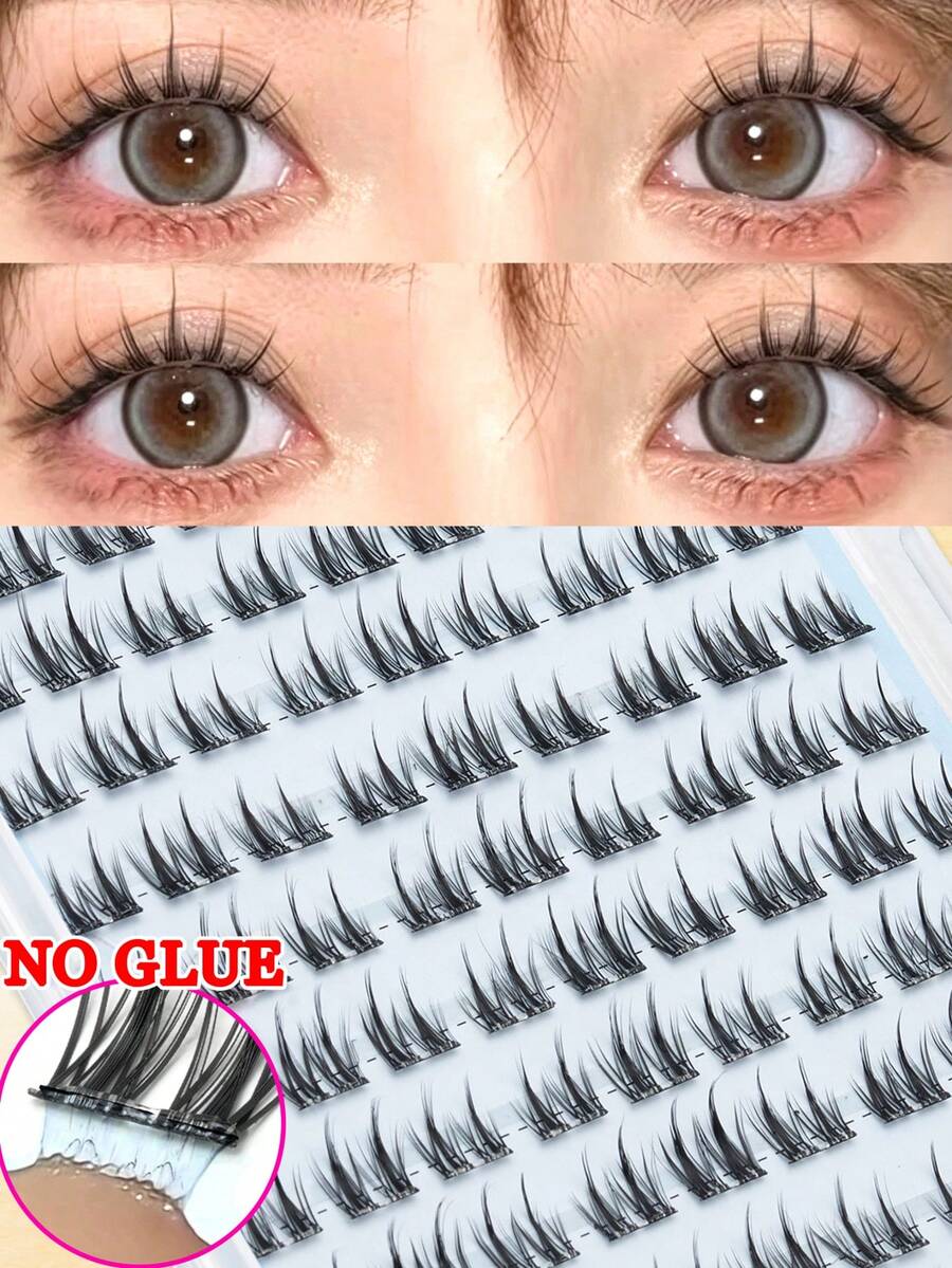 90 Pcs Glue-Free Wispy Wheat-Style Cluster Eyelashes, Black Fine Dual-Point Tips Layered For Delicate Natural Finish, Self-Adhesive Easy Application Design, Suitable For Holiday Relaxing Events, Commuting, And Everyday Versatile Makeup. - C - View 1