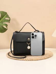 Solid Color Casual Pearl Pendant Small Square Handbag Crossbody Bag - Black - View 4