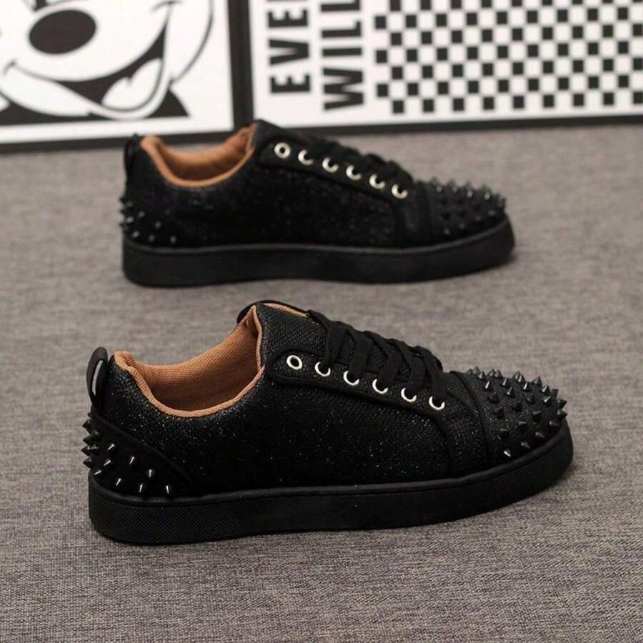 Men's Casual Sneakers With Studs And Rhinestones Retro Rock Style Platform Shoes For Men And Women CL Studded Shoes - 全黑 - 查看 1