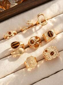 Set 8 buah cincin minimalis bergaya vintage geometris asimetris, cincin buku jari, cincin batu mata harimau imitasi mewah untuk wanita, cocok untuk pesta, acara kumpul-kumpul, hadiah untuk teman dan keluarga, dan pemakaian sehari-hari. - Yellow Gold - View 3