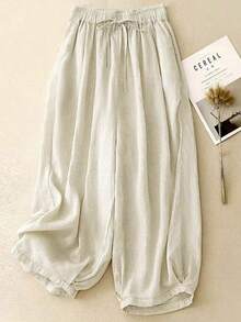 Pantalones holgados de lino con vuelo, cómodos y casuales, tallas grandes para mujeres, aptos para uso diario, primavera/verano/otoño - Albaricoque - Ver 4
