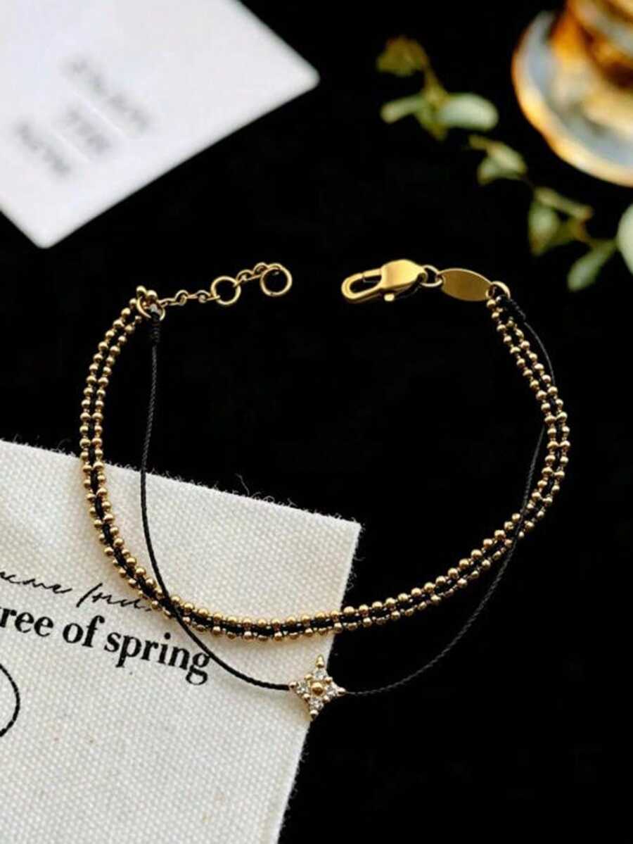 1pc Luxury New Chinese Style Double Layer Single Diamond Red String Bracelet For Women, Exquisite High-End Niche Personalized Design Anklet Jewelry - Black - View 1
