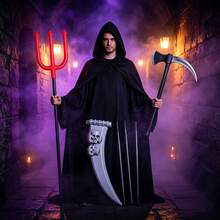 Adult Halloween Grim Reaper Costume Set, Black Hooded Cloak, Party Masquerade Role Play Decoration Props Set - Multicolor - View 11