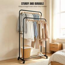 EFAN Mobile Clothes Rack Double Rod Design, Carbon Steel Freestanding Hanger With Wheels And Brakes For Home Bedroom Laundry Storage - Double Bar Clothes Rail With Wheels - View 3
