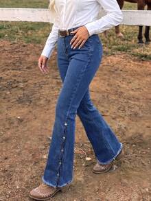 Women's Washed Elastic Flare Jeans With Frayed Hem Design Casual Fall - Medium Wash - View 6