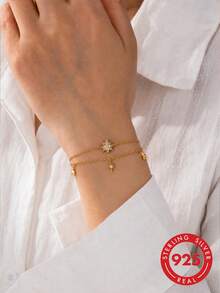 1pc S925 Sterling Silver Double Layer Starburst Design Bracelet For Women, Delicate Atmosphere Hand Jewelry, Niche Daily Layering Accessory, Suitable For Dating, Commuting, Gift For Girlfriend, Best Friend, Holiday, Anniversary - Star - View 3