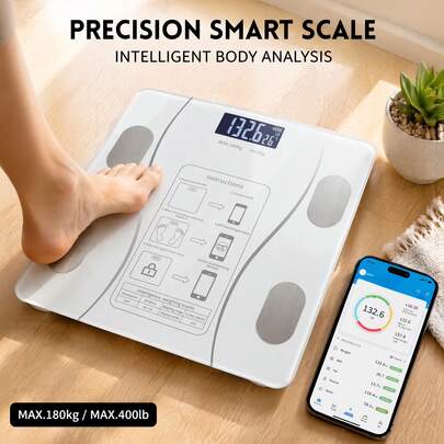 Balance intelligente à impédancemétrie, pèse-personne numérique d'une capacité de charge de 180 kg, équipée d'un écran LED numérique, compatible avec une connexion Bluetooth via une application et adaptée à la pesée et à l'enregistrement des données en intérieur.