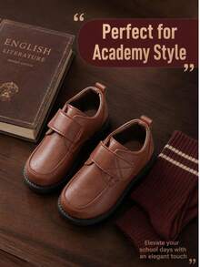 2-12 Years Old Boys Spring/Autumn New Black Breathable Comfortable Durable Casual British Style Formal Shoes, Hook And Loop Design Performance Shoes Suitable For Ball, Party, Minimalist Soft Sole Anti-Slip Campus Daily Children's Shoes - Rust Brown - View 4