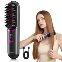 Hatteker 1pc USB Rechargeable Straightening Brush, 3 Temperature Settings, Travel Portable Volumizing Hair Root Hot Air Brush, Wireless Straight & Curl Dual Use Negative Ion Comb - Multicolor - View 15