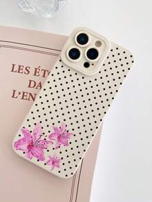 1pc Beige Polka Dot Pink Lily Print Phone Case, Cream Matte Texture Full Lens Protection Anti-Drop TPU Soft Shell, Ins French Gentle Fresh Girly Style Phone Case; Suitable For Valentine's Day, Easter, Mother's Day, Father's Day, Independence Day, Halloween, Thanksgiving, Christmas, New Year, Birthday, Back To School Gifts, Compatible With IPhone Case & Galaxy Case - White - View 3
