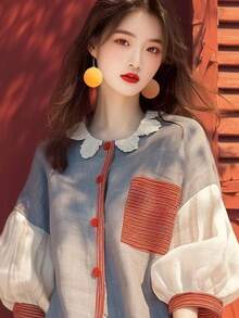 Women Color Block Blouse Scalloped Collar Puff Sleeve Vintage Mori Girl Style Casual Loose Fit Button Up Top Linen Look Retro Cute Shirts - Multicolor - View 2