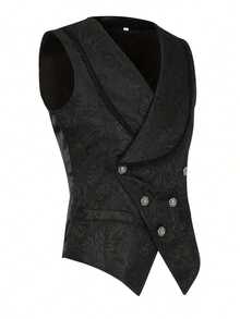 Men's Cross-Neck Vest, Solid Color Lapel Slim Fit Button Vest For Party, Cocktail, Performance - Black - View 3