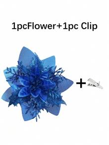 1/10/20/30件裝一品紅聖誕裝飾花（附夾子）－10件紅金銀色人造花，亮面聖誕樹飾品，適用新年、婚禮派對花環 DIY 花串裝飾，含包裝 - 寶藍色 - 查看 11