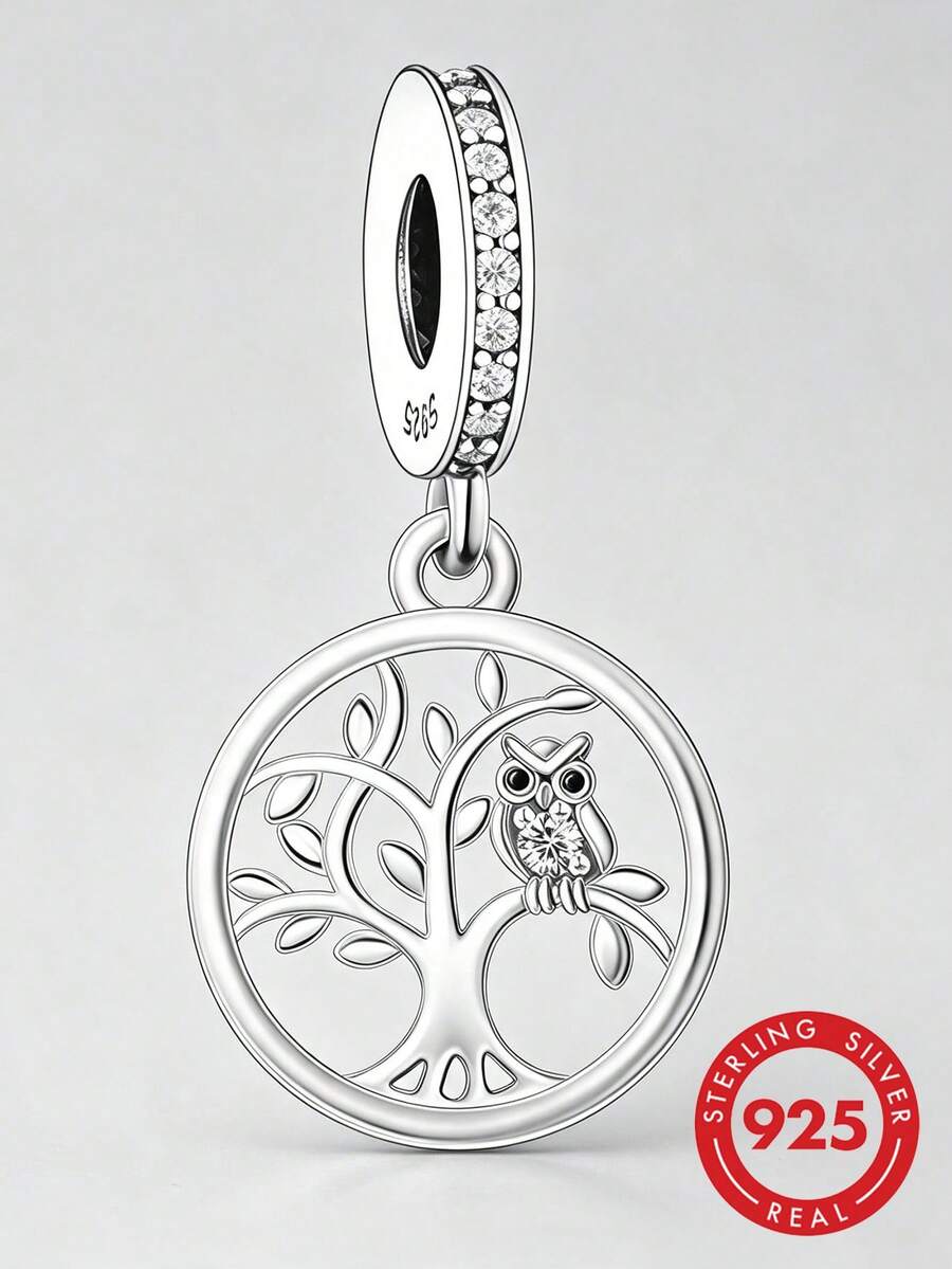 1pc S925 Sterling Silver Hollow Tree Of Life Owl Pendant, Zirconia Inlaid Wisdom Owl Round DIY Bracelet Charm Silver Pendant - Silver - View 1