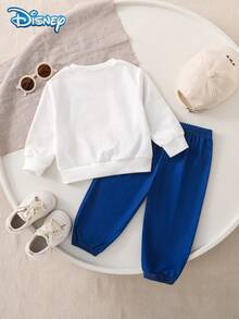 Disney 2pcs/Set Autumn Mickey Minnie Cute Cartoon Pattern Long Sleeve Sweatshirt And Elastic Waist Royal Blue Sweatpants, Slightly Stretchy, Suitable For Baby Newborn Daily Wear, Great Gift - Royal Blue - View 2