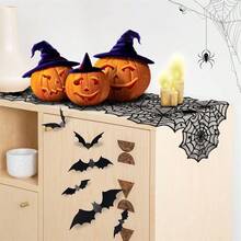 1pc Halloween Asymmetrical Spider Web Table Runner, Hollow Lace Black Vintage, Suitable For Party Atmosphere Decoration And Home Decor, Party Dining Table Decoration, Kitchen, Fireplace Mantel, Bedroom Decoration Table Runner - Spider Web Table Runner - View 6