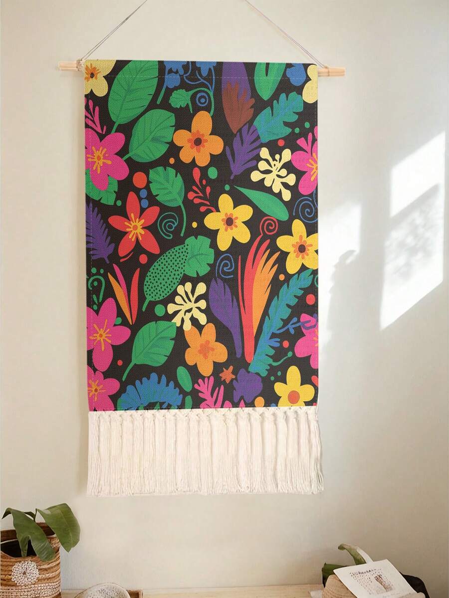 1PC Tapestry, Wall Hanging, Long Linen Vintage Tapestry With Tassels, Vertical Wall Decoration, Flower Print Design, Versatile For Living Room, Bedroom & Office - Multicolor - View 1
