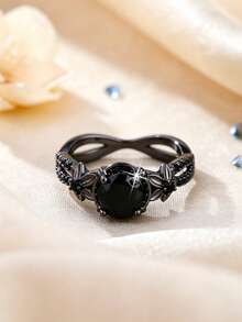 1pc Elegant Fashion Round Cubic Zirconia Ring, Floral Design, Perfect Ideal Holiday Jewelry Gift - Gun Black - View 3