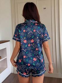 Christmas 2pcs Women's Satin Snowflakes & Candy Cane Print Short Sleeve Collared Top And Bowknot Shorts Pajama Set - Blue - View 2