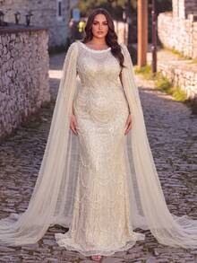 Plus Size Formal Gown With Beaded Sequins And Pearl Details On A Mermaid Silhouette With Extra-Long Cloak Sleeves, And Tie Back For Party Or Event - Champagne - View 5