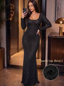 Women's Sequin Mesh Maxi Dress, Shiny Fitted Floor-Length Evening Gown, Suitable For Nightclubs, Formal Occasions And Dates - Black - View 6