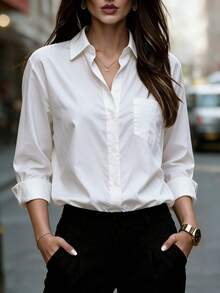 Plus Size Women's Solid Color Front Button Shirt, Lapel Collar Long Sleeve Top With Pockets White - White - View 3