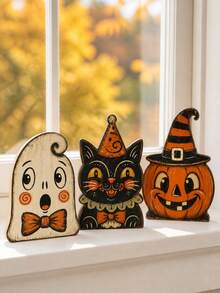 3pcs/1pc Vintage Wooden Halloween Tiered Tray Decor, Ghost Cat Pumpkin Desktop Ornament, Distressed Spooky Farmhouse Style Fireplace Window Sill Indoor Autumn Holiday Decoration - Multi-color - View 4